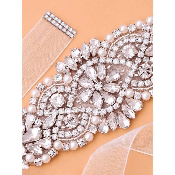Rhinestone Beaded Wedding Bridal Prom Crystal Applique Sash Waist Belt NEW - Picture 6 of 12